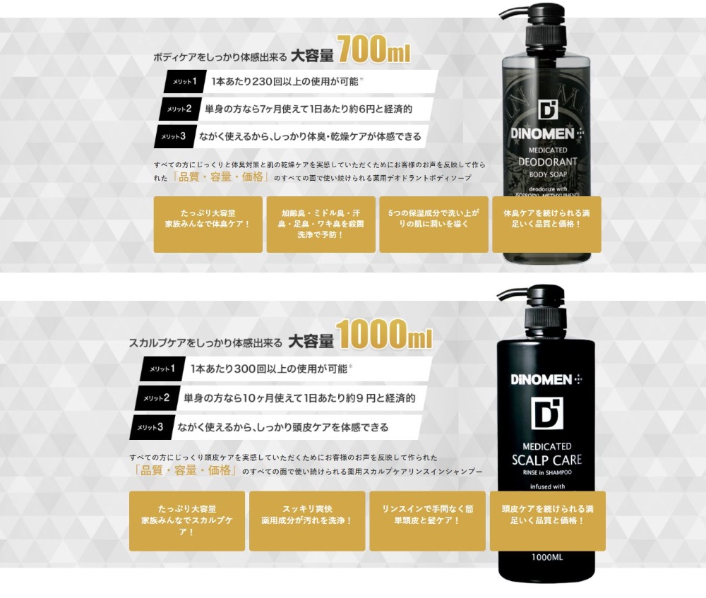 医薬部外品】桃山ホールディングス DiNOMEN(ディノメン) 薬用デオドラントボディソープ 700ml＆薬用スカルプケア リンスインシャンプー  1000ml｜宇佐美鉱油の総合通販サイトうさマート