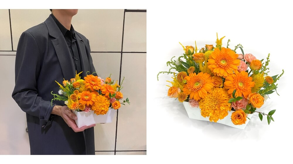お花おまかせアレンジ -イエロー・オレンジ- Mサイズ｜うさマート