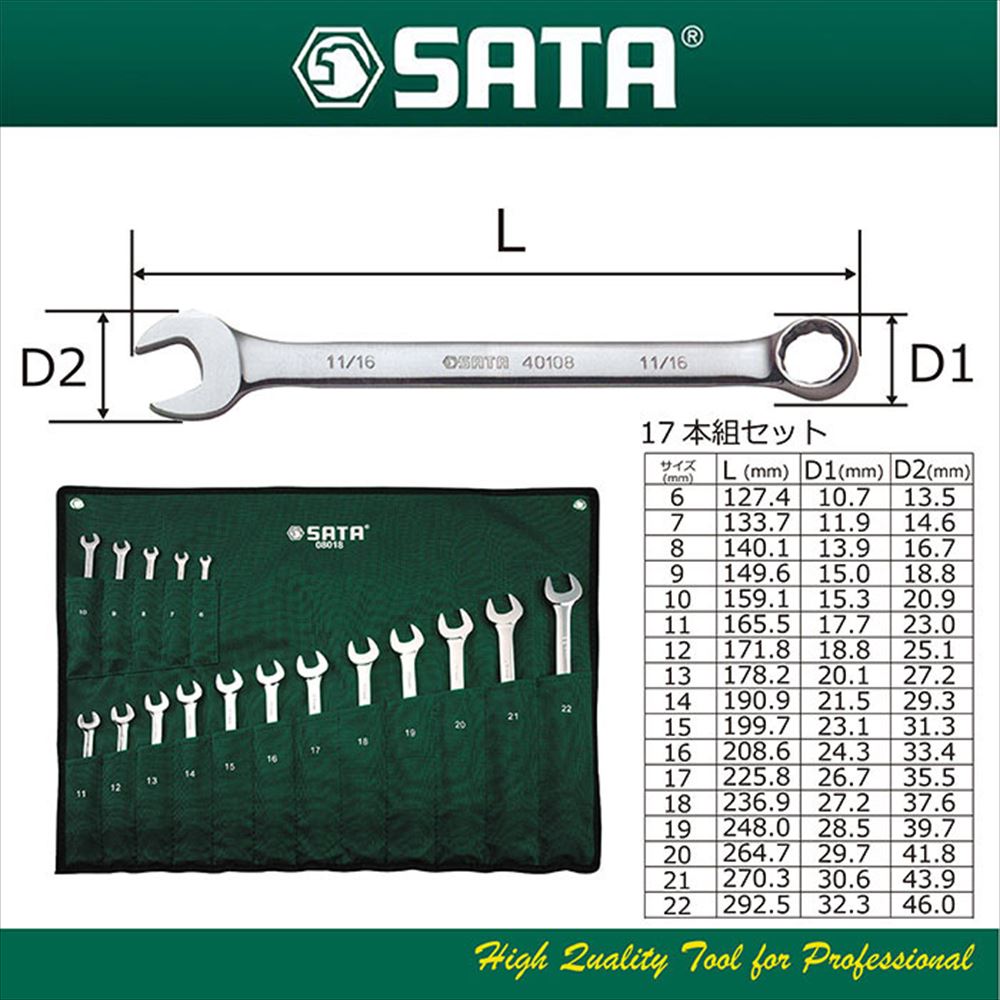 SATA TOOLS コンビネーションレンチセット 17pcs RS-08018｜宇佐美鉱油