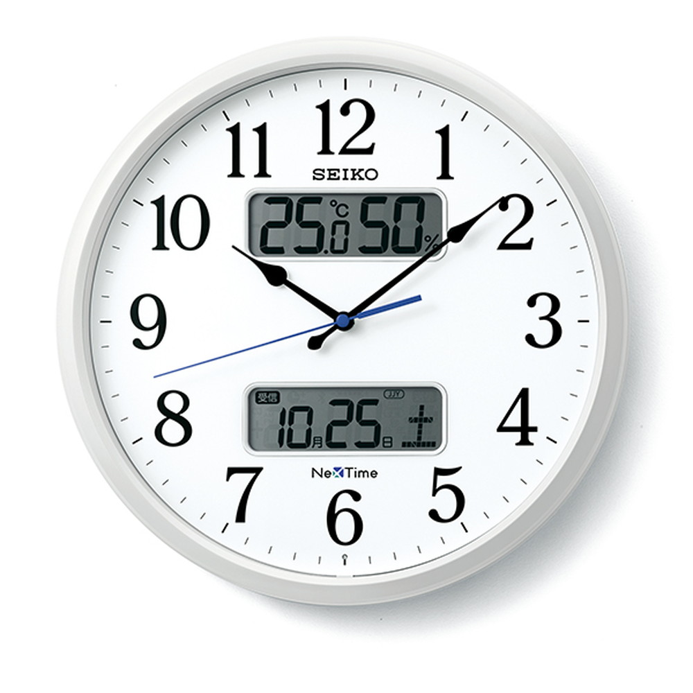 超美品の セイコー クロック 掛け時計 電波 アナログ プログラム機能 カレンダー 液晶表示 銀色 メタリック PT201S SEIKO  chandigarhdaily.com