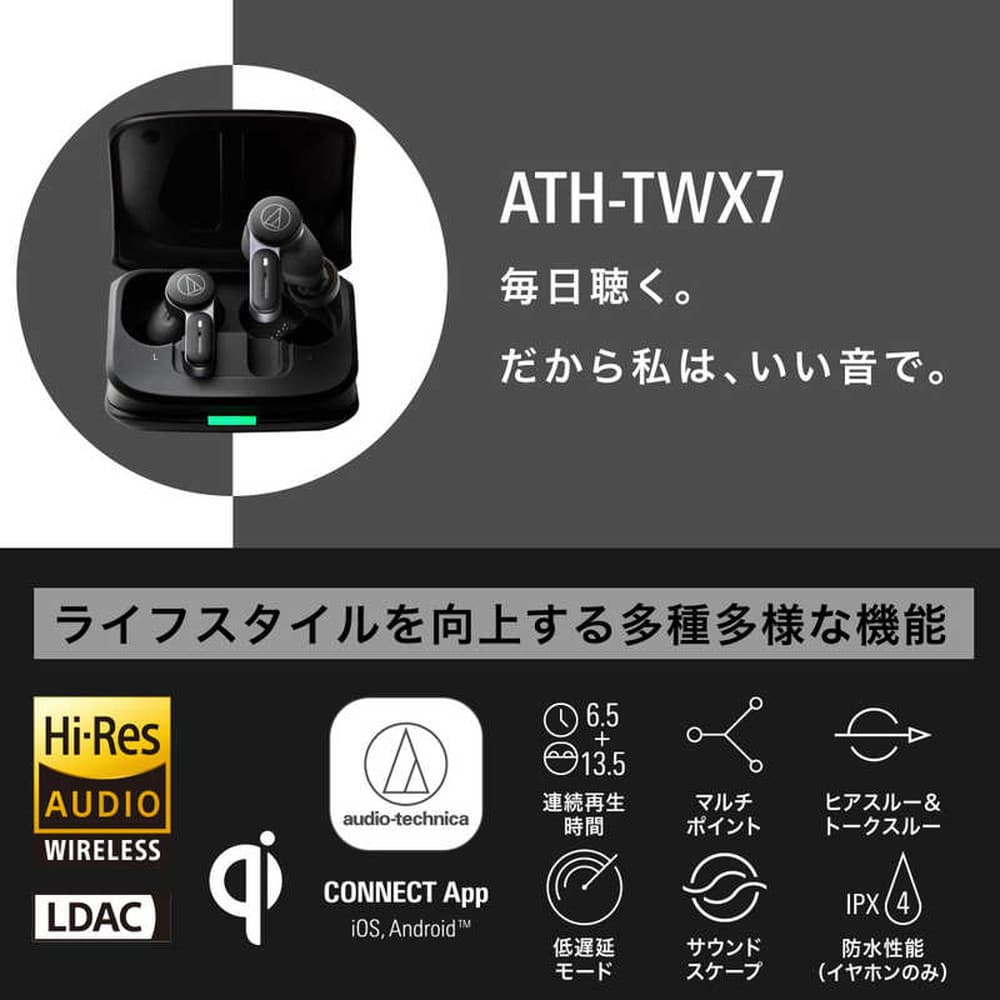 オーディオテクニカ ワイヤレスイヤホン アッシュブラック ATH-TWX7 BK ...