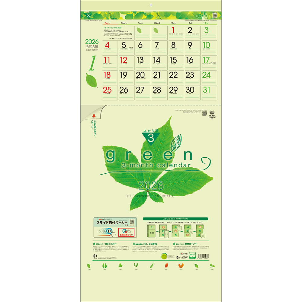 トーダン 2026年 カレンダー 壁掛け グリーン3ヶ月eco(日付マーカー付
