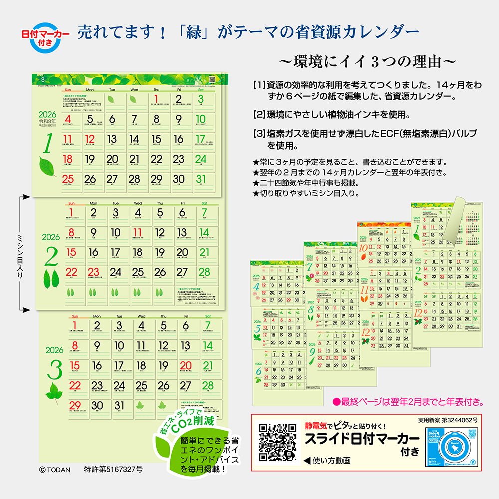 トーダン 2026年 カレンダー 壁掛け グリーン3ヶ月eco(日付マーカー付